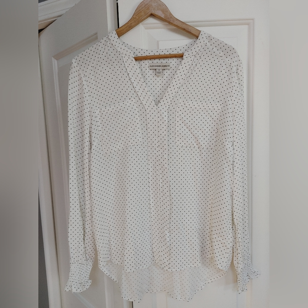 🩷Alexander Jordan White Polka Dot Rayon Blouse ~ Size S